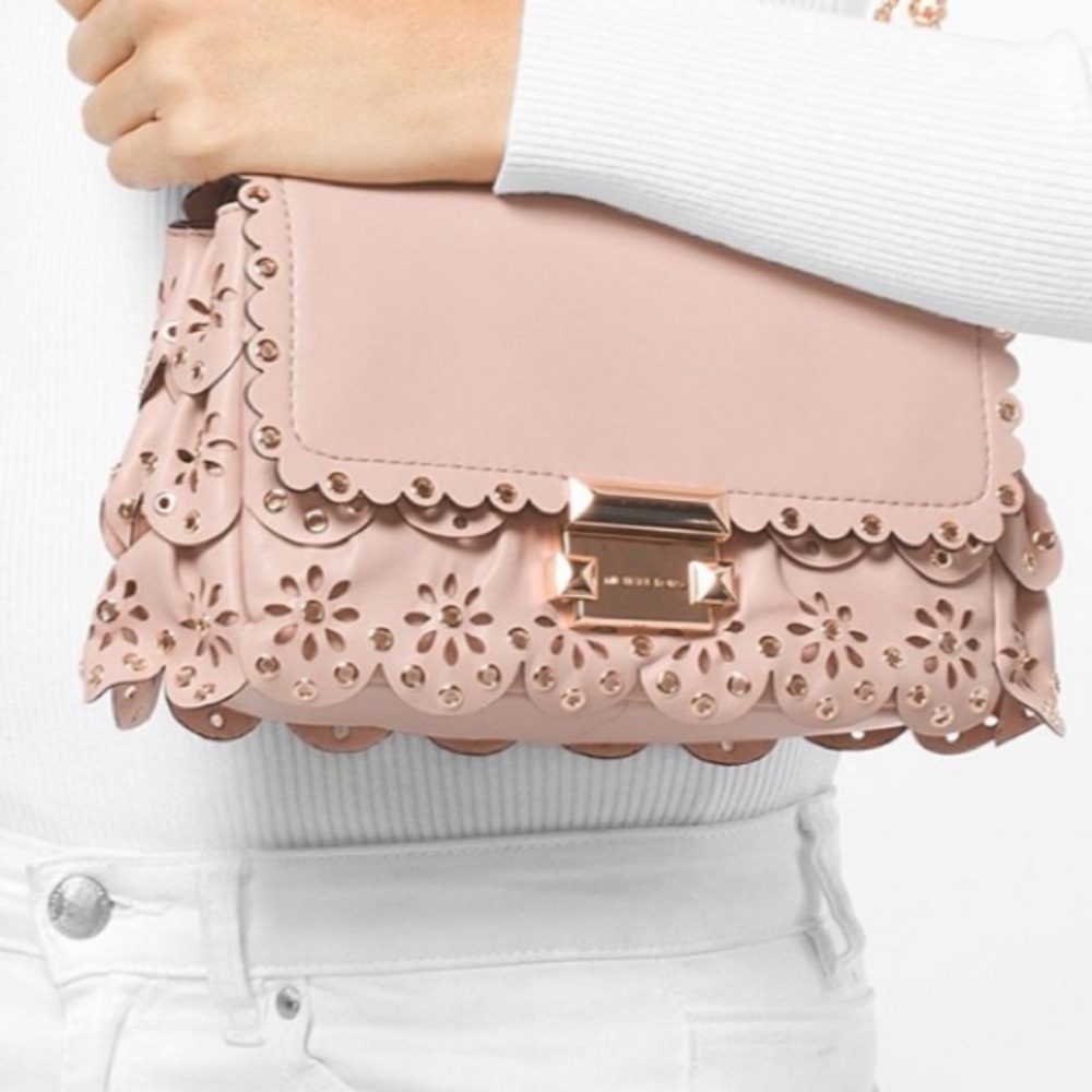 Michael Kors Rose Pink Laser-Cut Floral Shoulder Bag with Gold Hardware
